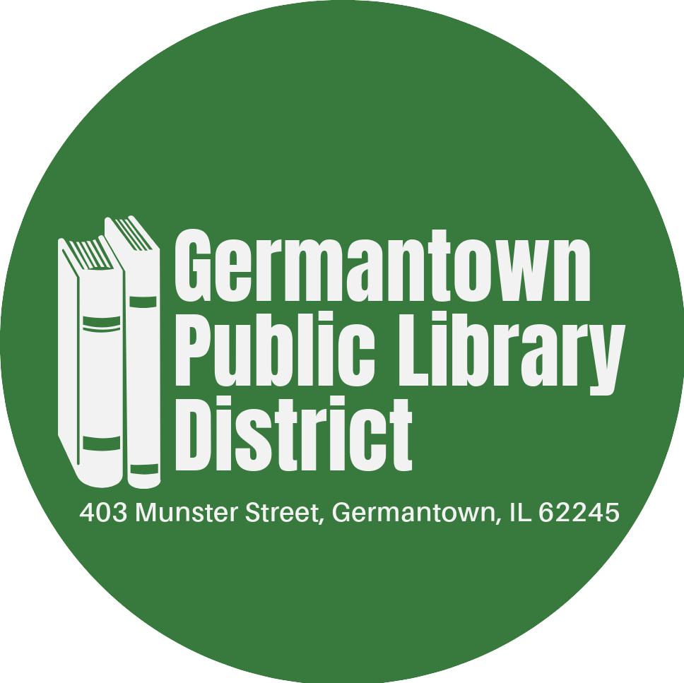 Dark green circle with clipart of two books standing up and white text that reads "Germantown Public Library District. 403 Munster Street, Germantown, Illinois 62245."